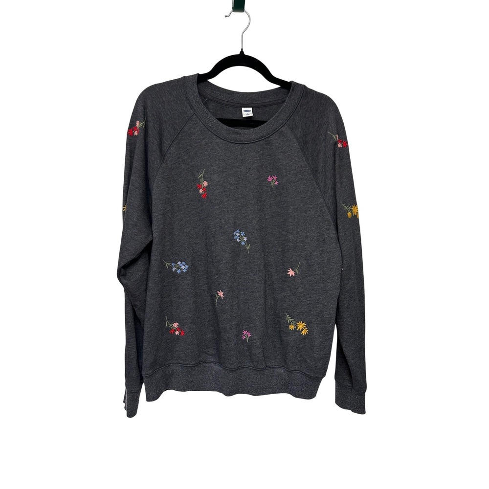 Old Navy Gray Floral Embroidered Raglan Pullover Sweatshirt Cozy Large Tall